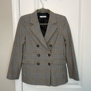 Mango MNG Double breasted check blazer brown blue  plaid size 2 Suit line